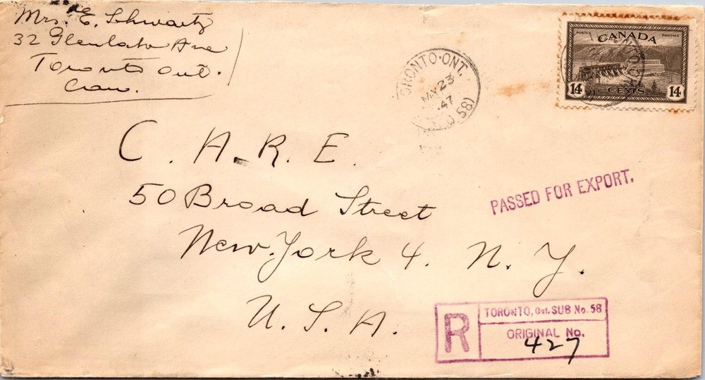 Canada 1947 Registered Mail / Passed For Export - Toronto Ont - A02226