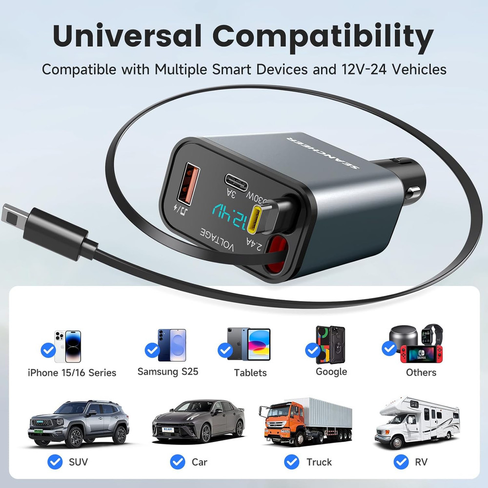 SEANCHEER Car Bluetooth Adapter & Car Charger USB C, 69W Cigarette Lighter Adapt