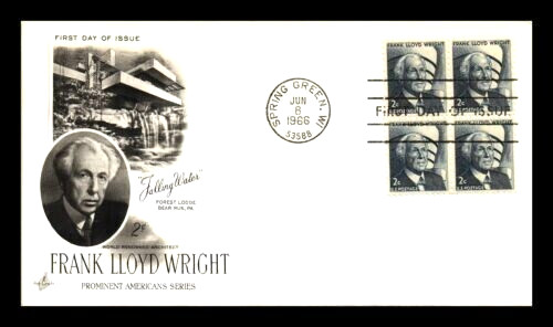 ARCHITECT FRANK LLOYD WRIGHT FALLINGWATER 1966 ARTCRAFT CACHET BLOCK FDC UNADDR
