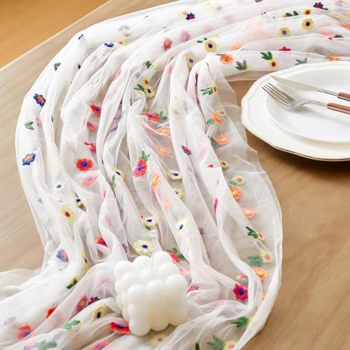 3pcs Embroidery Cheesecloth Table Runner Daisy Summer Fall 10ft x 3pack White
