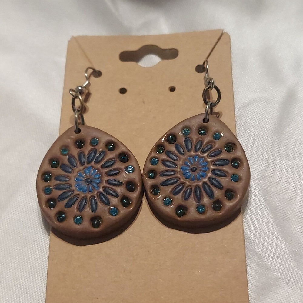 Dangle Earring Blue Bead and Clay 2 1/2"