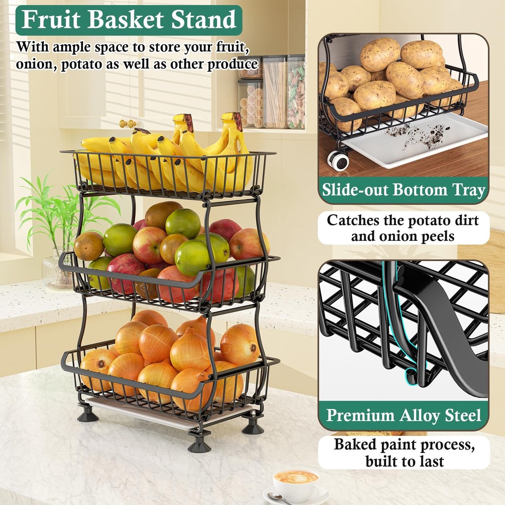 3-Tier Rolling Pantry Floor Organizer and Storage Cart with Wheels, Stackable...