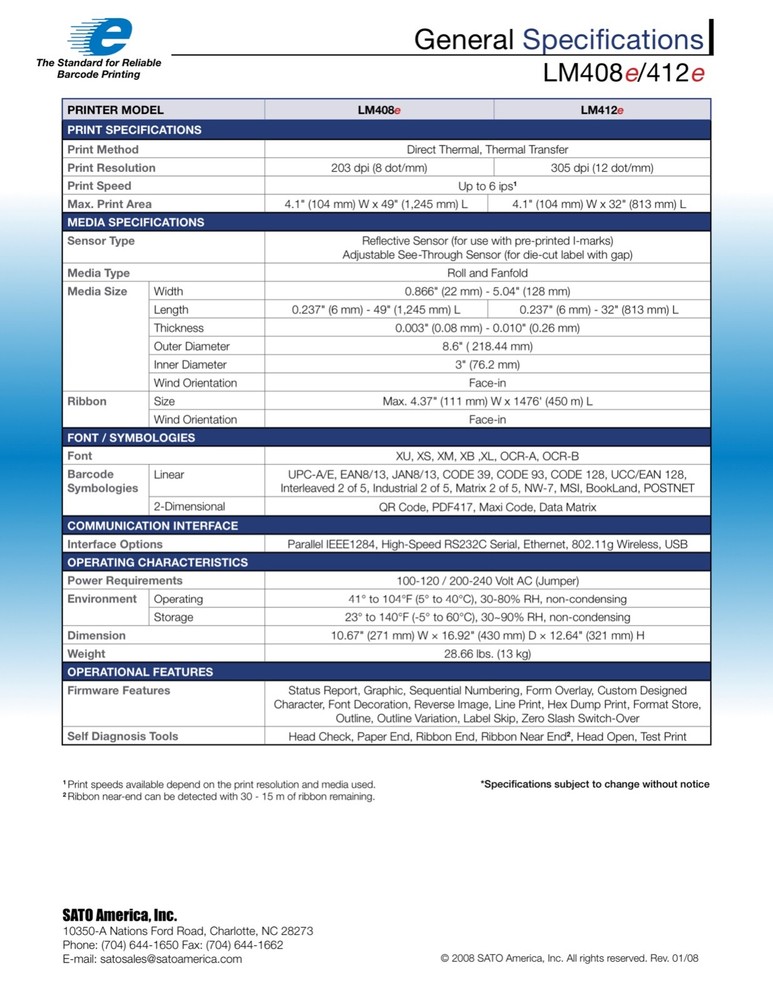 Sato LM412e Barcode Label Printer - Thermal Transfer - NOB