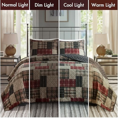 Queen Quilt Set Patchwork Farmhouse, Full/Queen Timber Red/Black 3 Piece