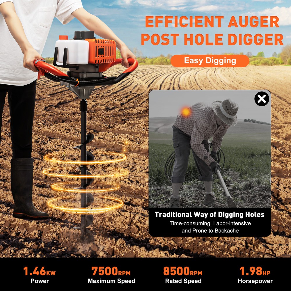 52CC Post Hole Digger Gas Powered Earth Auger Borer Ground With 4" 6" 8" Bits