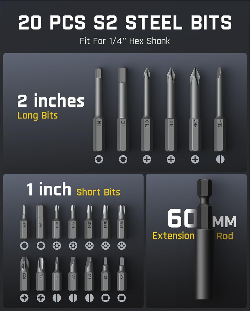L2 Pro Electric Screwdriver Set, Cordless Screwdriver, 20 Bits, 1/4‘’Hex Chuck,