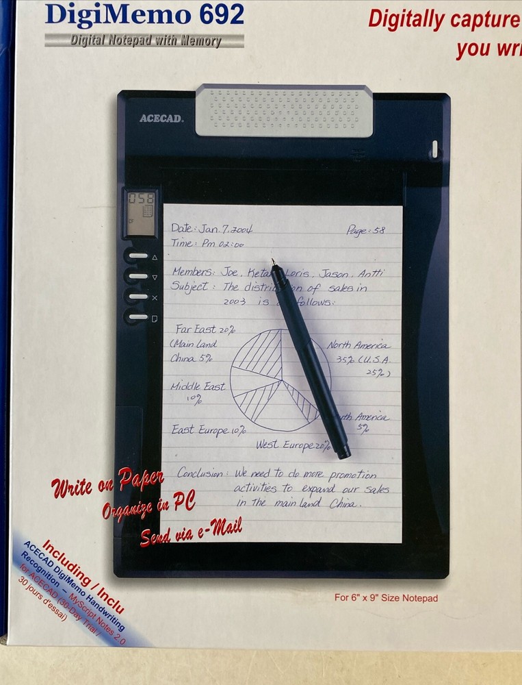 ACECAD DigiMemo 692 Digital Notepad Write On Paper e-Mail Factory Sealed