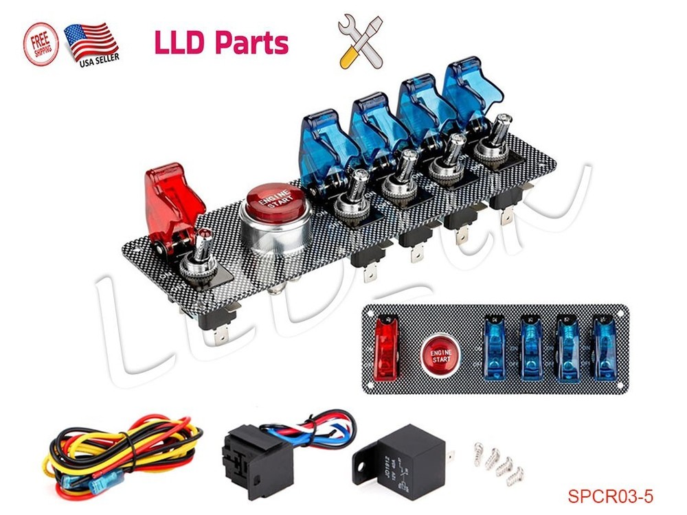 6 Gang Ignition Switch Panel Engine Start Push Button Toggle Kit for Racing Car