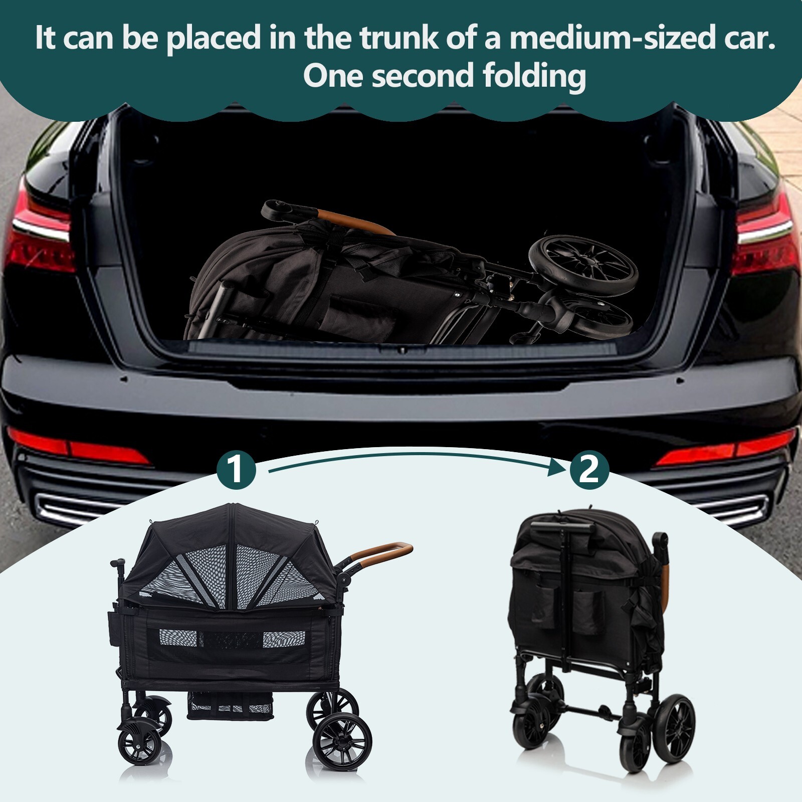 Wagon Stroller for 2 Kids with Adjustable Handle and Canopy,Kids Tray,Cup Holder