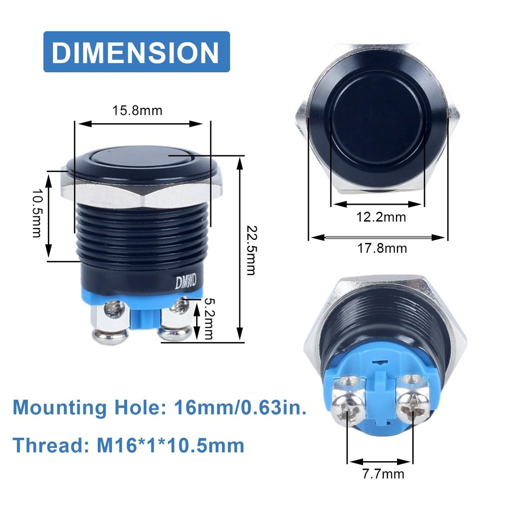 2-Pack 16mm Metal Momentary Push Button Switch Black Momentary Flat Head