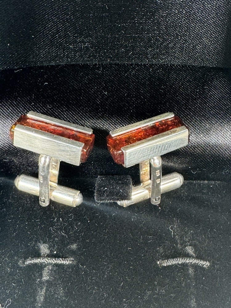 Sterling Silver 925 Cufflinks with Baltic Amber Rectangular Design – New in Box