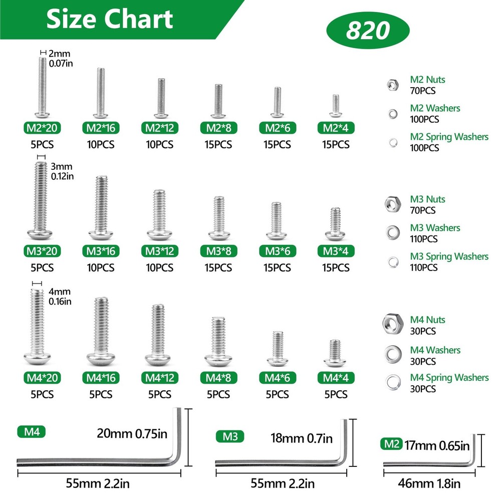 820PCS Screws and Nuts, M2 M3 Hex Button Head, 820 Silver