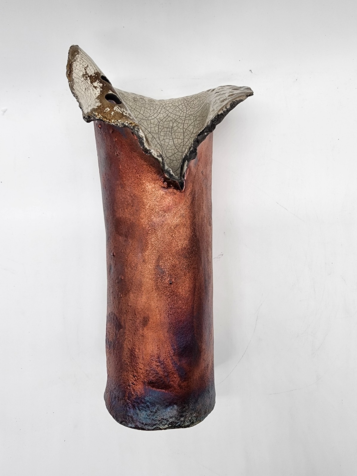 12" Raku Pottery Vase Bronze Crackle Glaze Studio Art Ceramic Sculptural Decor