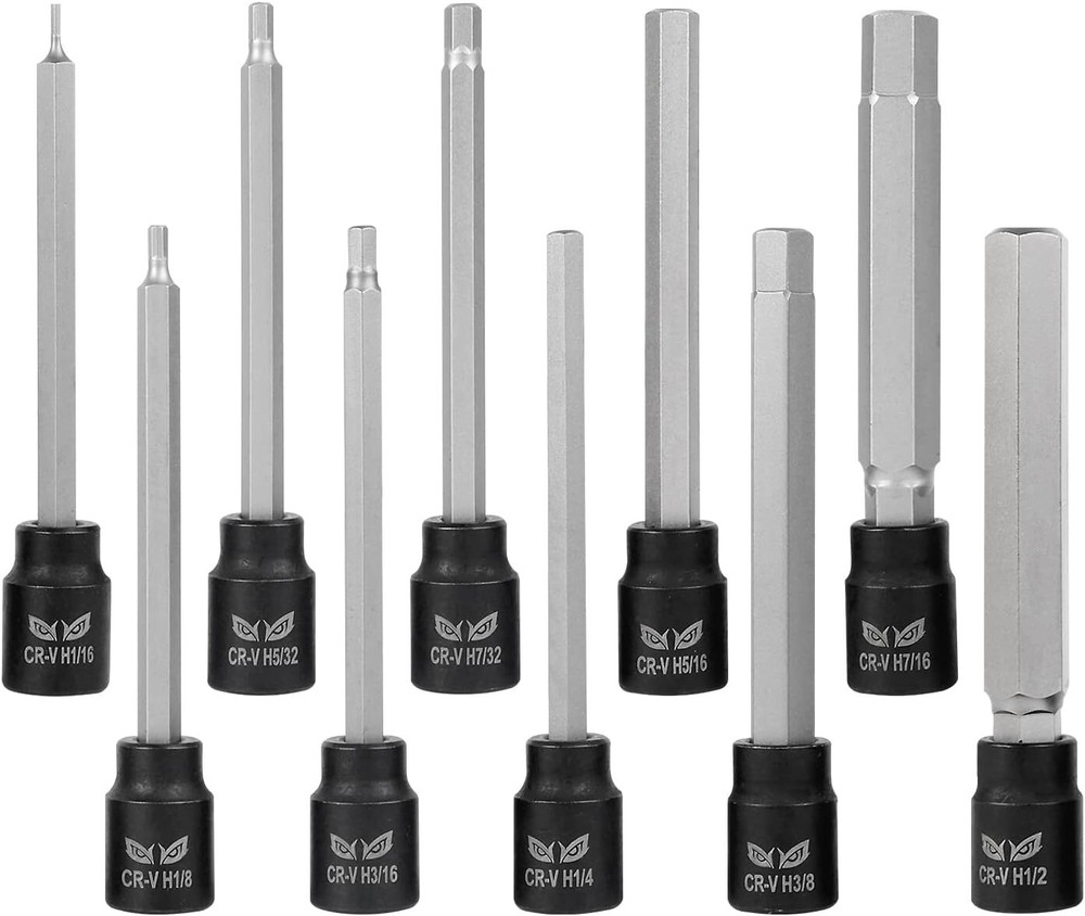 Extra Long Allen Wrench Hex Bit Socket Set (10 Pack) - Long 6" Hex Bit in 3/8" D