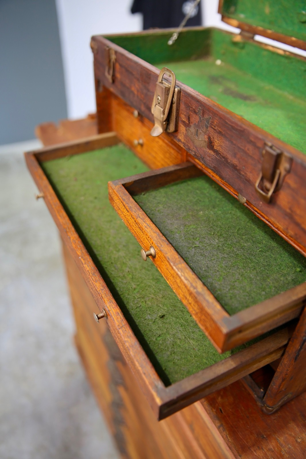 Antique Machinist Tool Box oak chest Wood Jewelry box 7 Drawer Vintage case