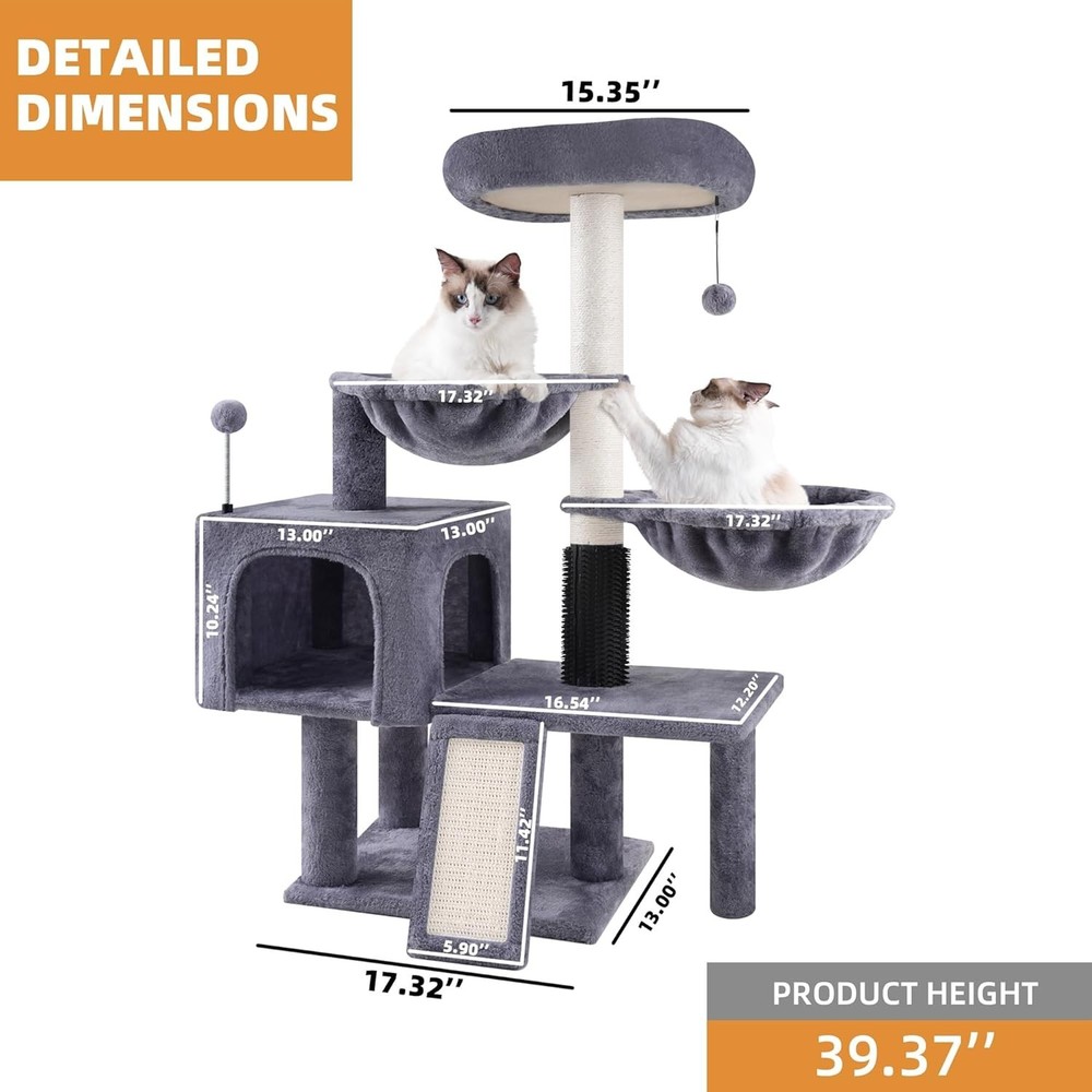 Cat Tree with Cat Condo and Two Hammocks, Cat Tower with Scratching Posts and...