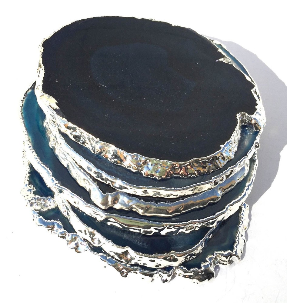 JIC Gem Silver Plated Dyed Blue Agate Coasters, 6 pcs Set, 3-4", with Rubber ...