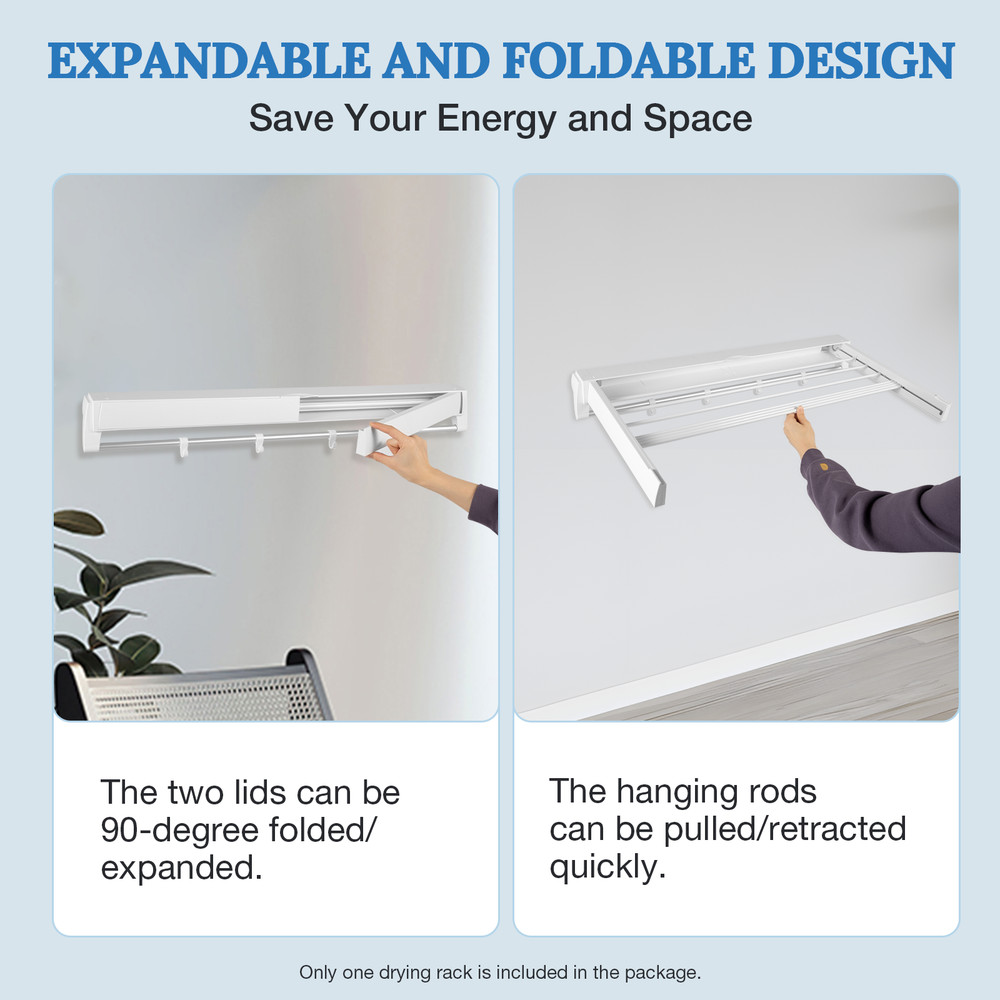 Wall-mounted Laundry Clothes Storage Drying Rack Retractable Dryer Hanger White