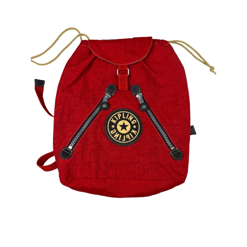 Vintage Kipling Red Drawstring Backpack Rucksack Front Zip Pockets