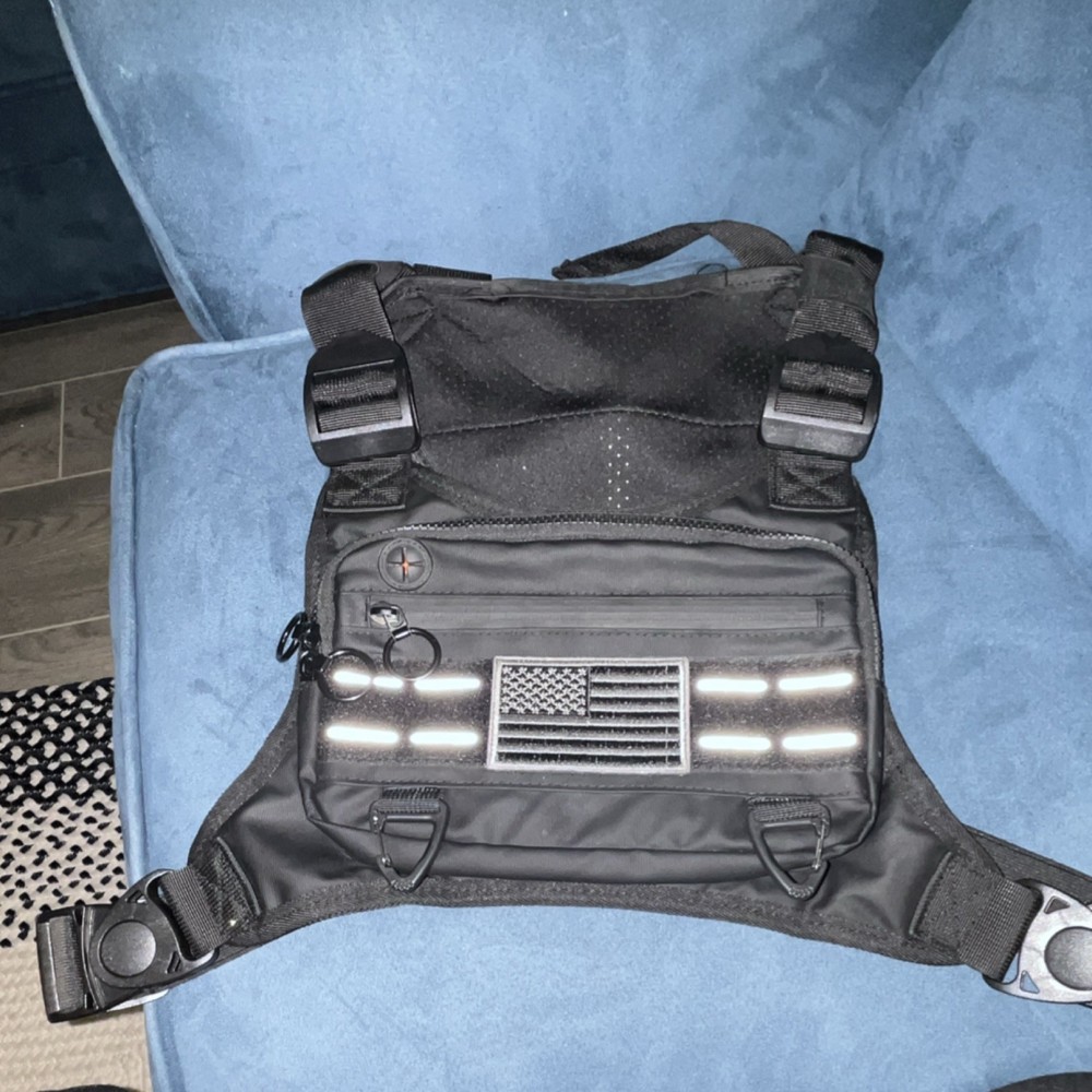 Black Tactical Chest Rig Reflective Strips Adjustable Lightweight Flag Patch