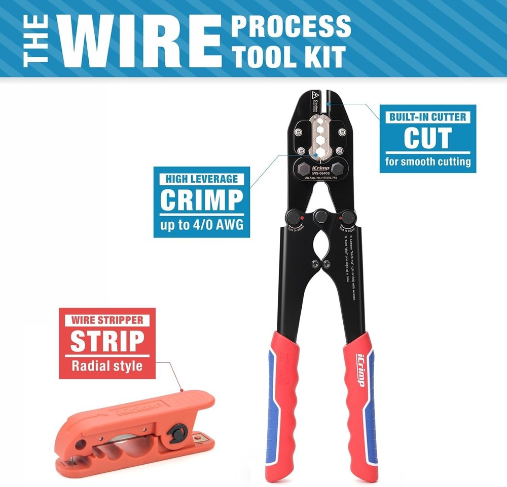 New iCrimp Battery Cable Lug Crimping Tool Kit with Wire Stripper