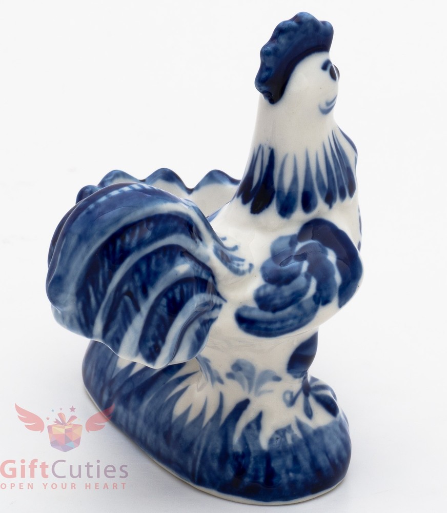 Porcelain Gzhel Easter Egg Holder Platter Display Rooster Chicken