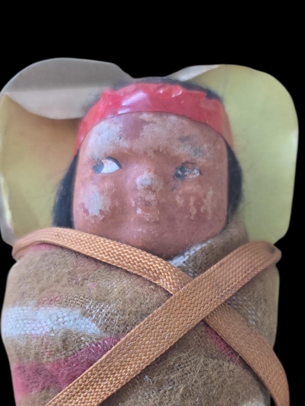 VTG Native American Papoose 3.5" Baby With Brown Blanket on Painted Cradlebaord