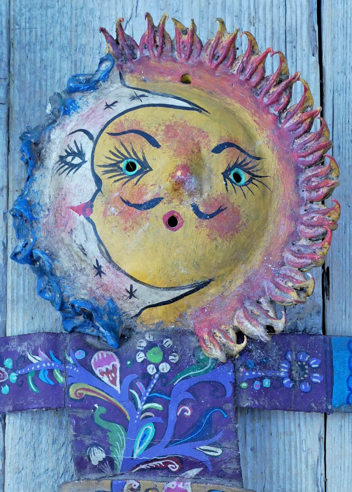 Sun Moon Face Man Hand Painted Handmade Canvas Coconut Guerrero Mexico Folk Art