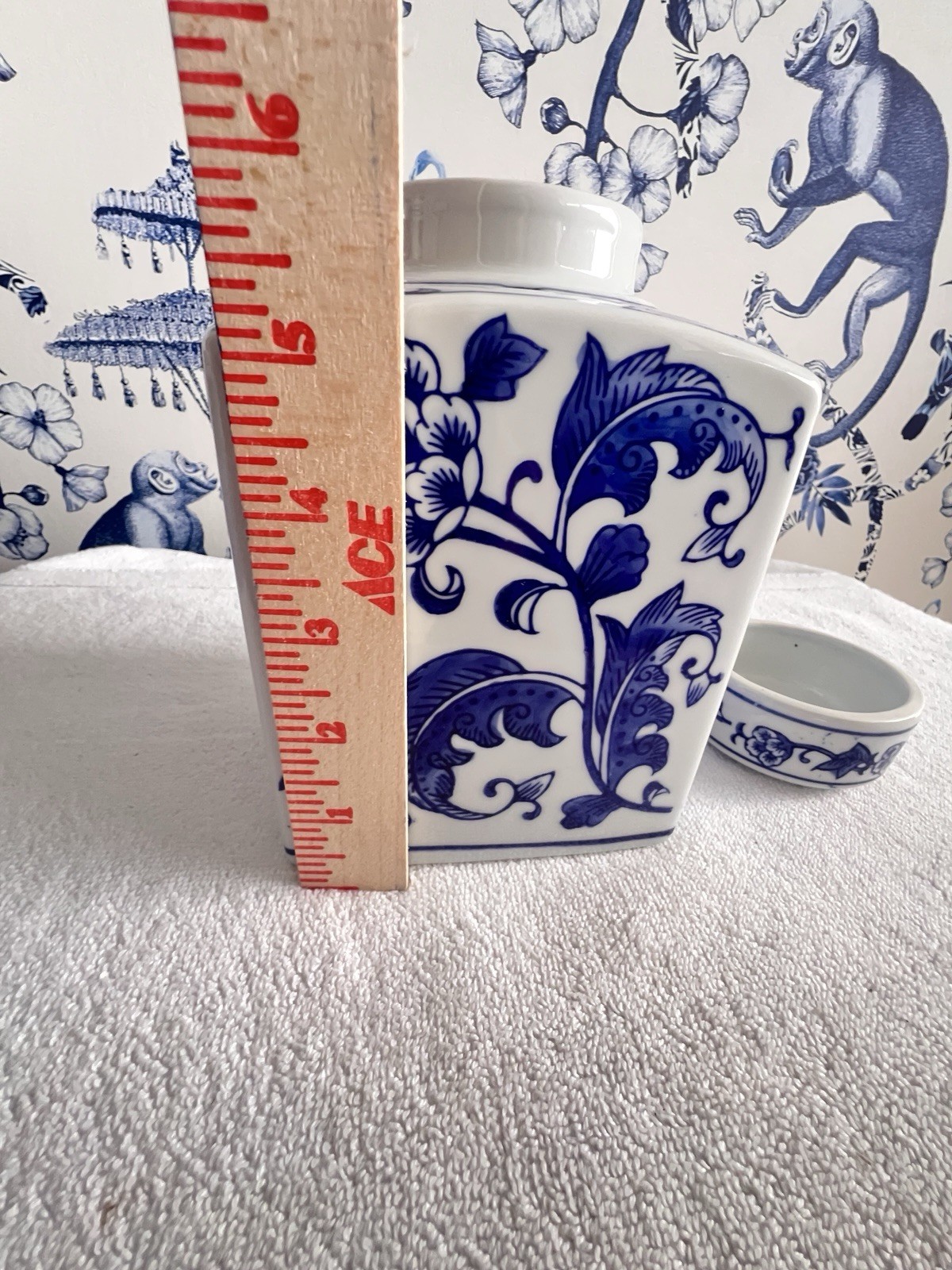 Chinoiserie Square Ginger Jar Small Blue White Floral Ceramic Lidded 4.5 x 4 x 7