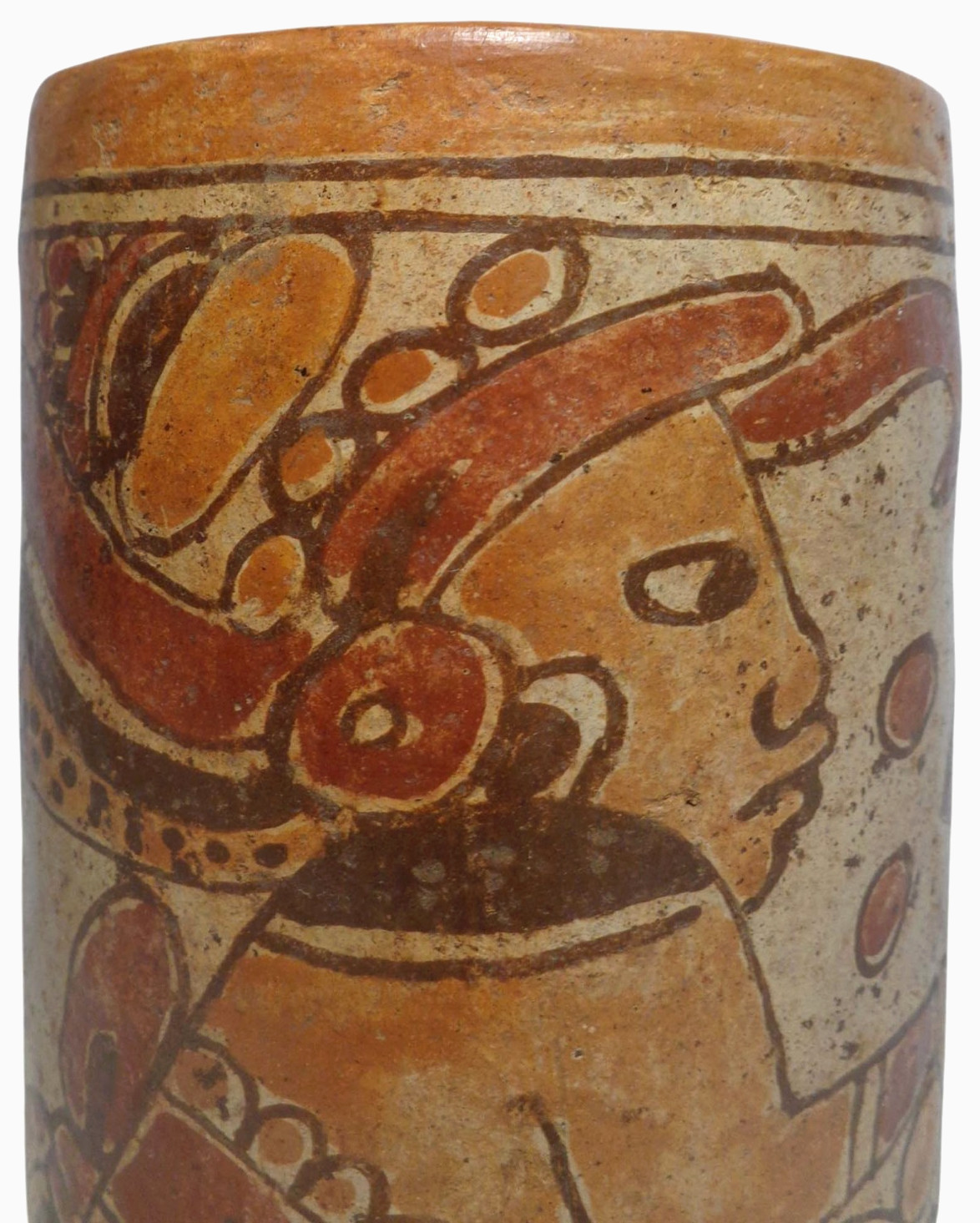 MID-CENT REPRO of PRE-COLUMBIAN HAND DEC CERAMIC CYLINDER VESSEL of SEATED DEITY