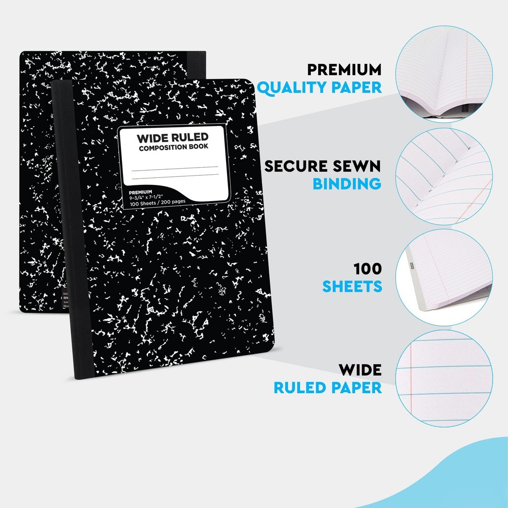 Marble Notebook, Wide Ruled 100 Sheets, 2 Pack, 9.75 X 7.5