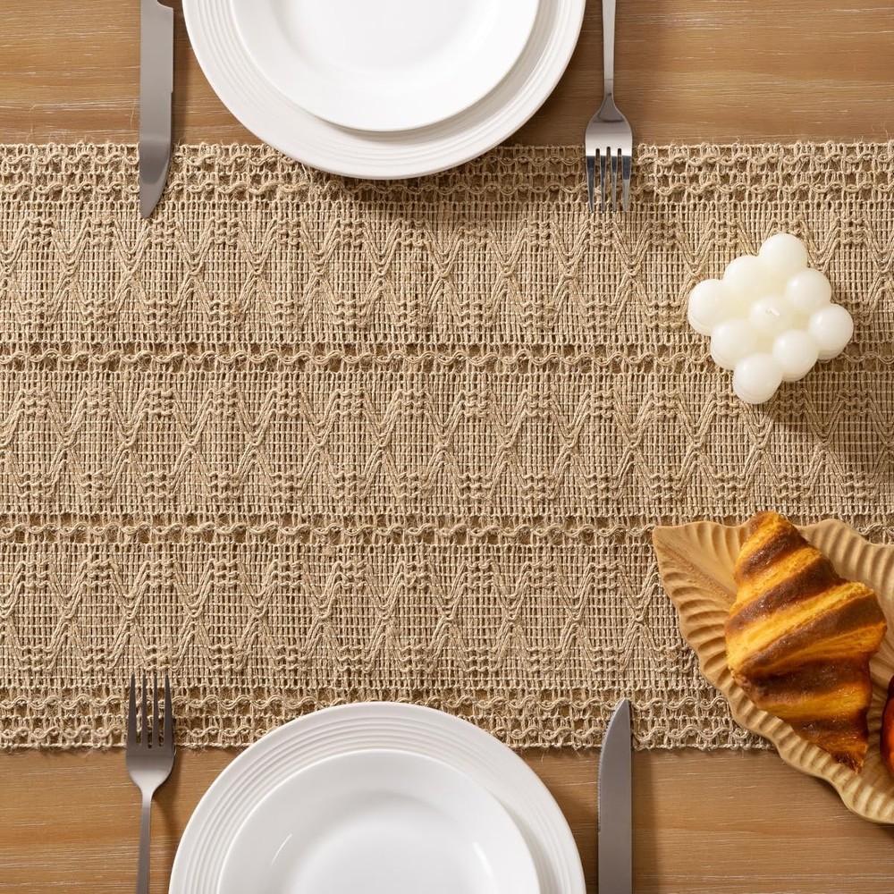 Boho Table Runner Summer Farmhouse Burlap Jute Bamboo Rustic Dining Kitchen C...