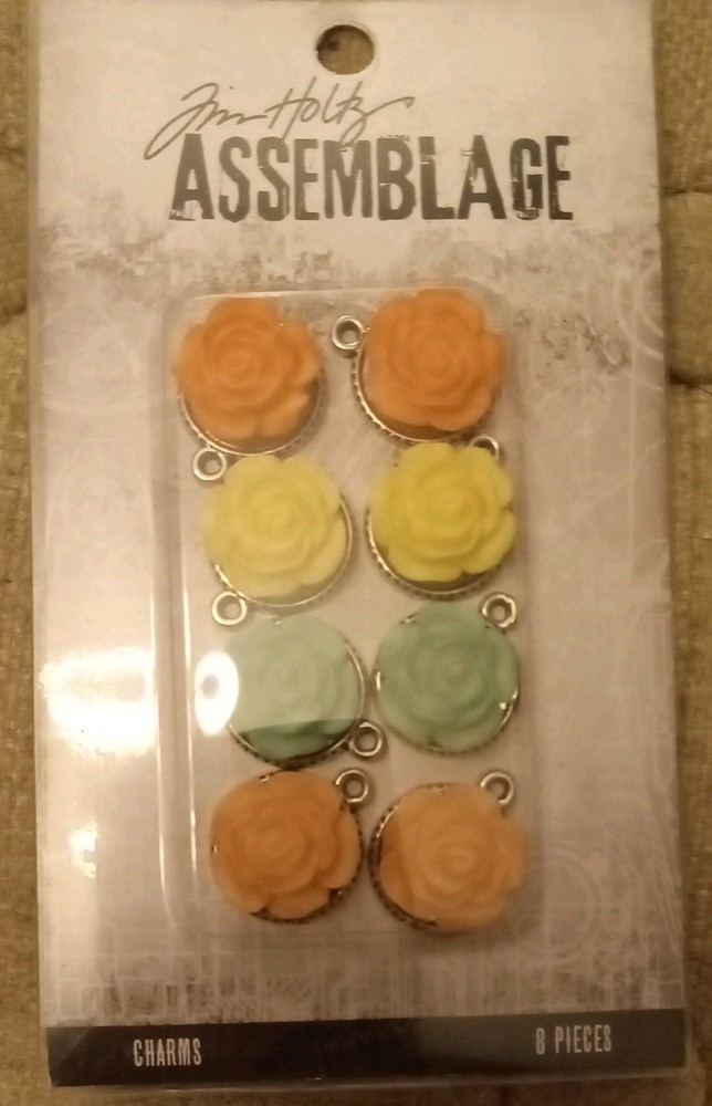 Tim Holtz Assemblage Charms 8/Pkg Multicolored Roses wirh metal backs.