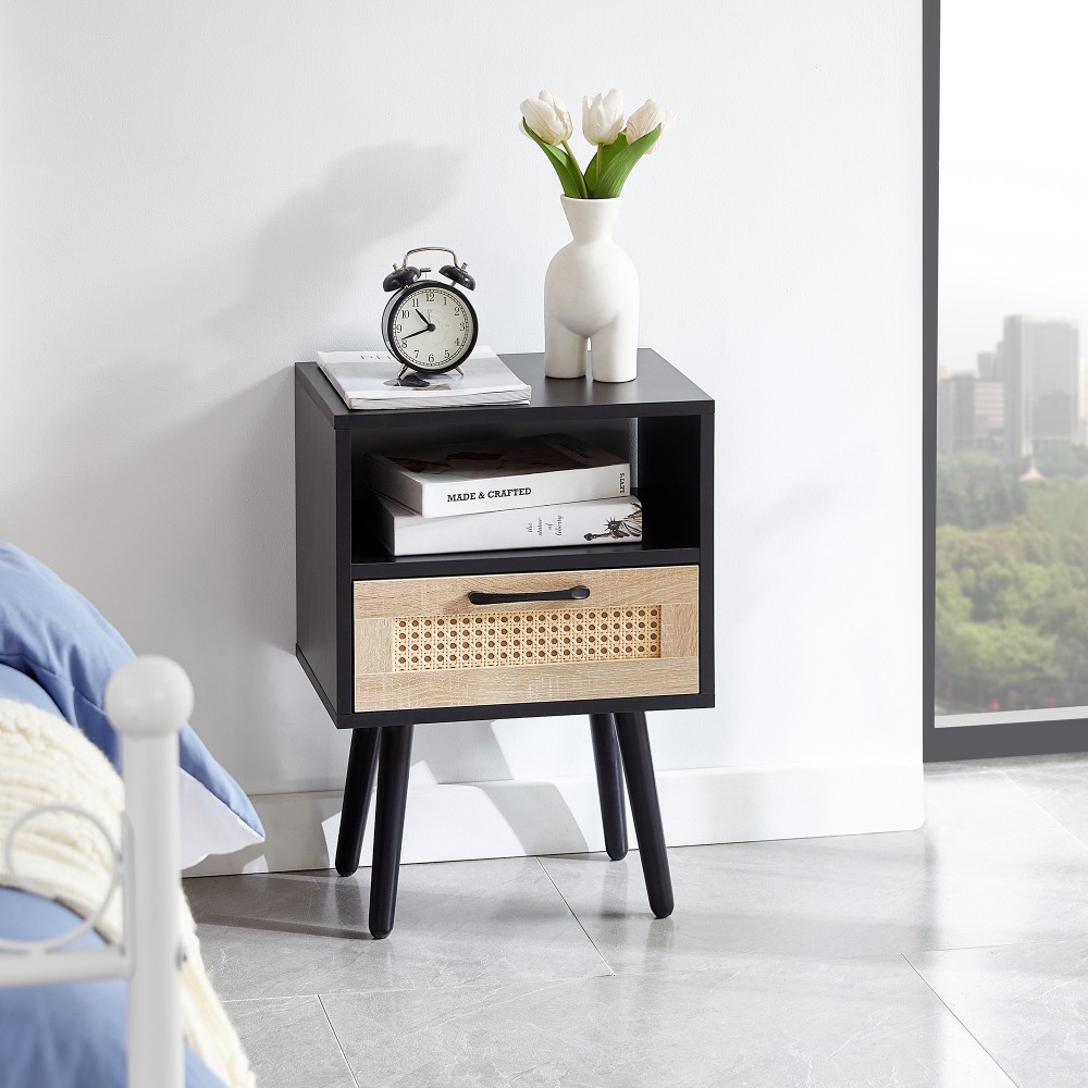 Rattan End Table with Drawer & Solid Wood Legs, Modern Nightstand