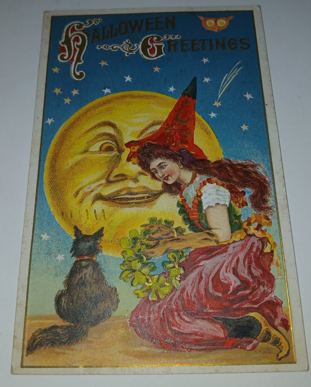 1920 Vintage Original Embossed Halloween Postcard  Full Moon Pretty Witch & Cat