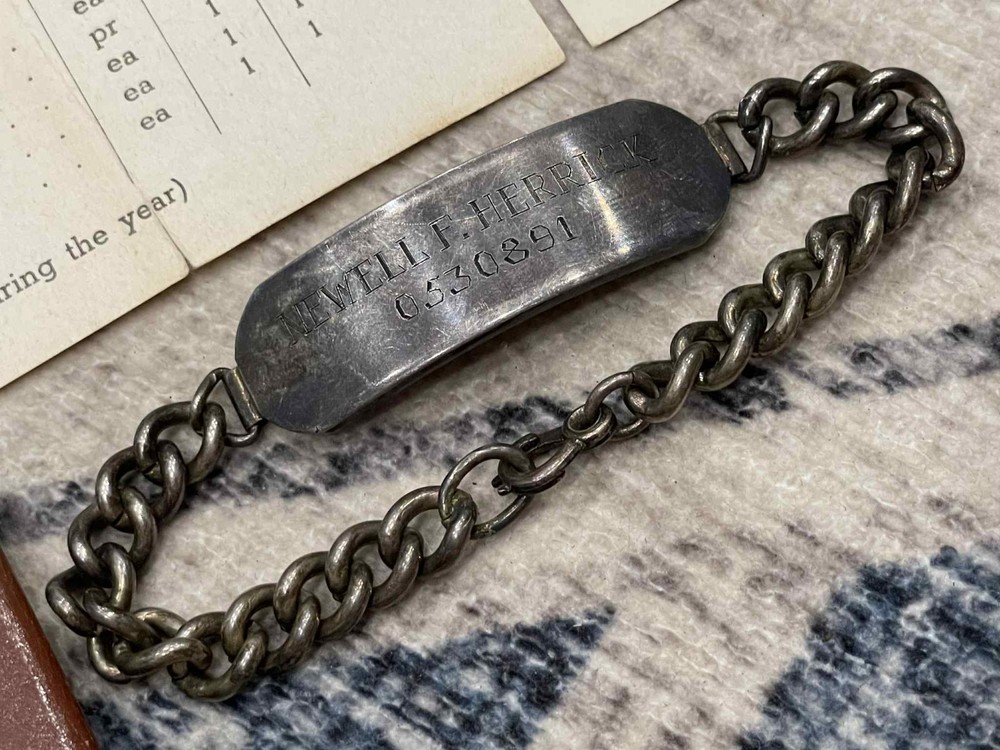 WW2 WWII US Army Grouping Documents & Sterling Silver ID Bracelet Newell Herrick