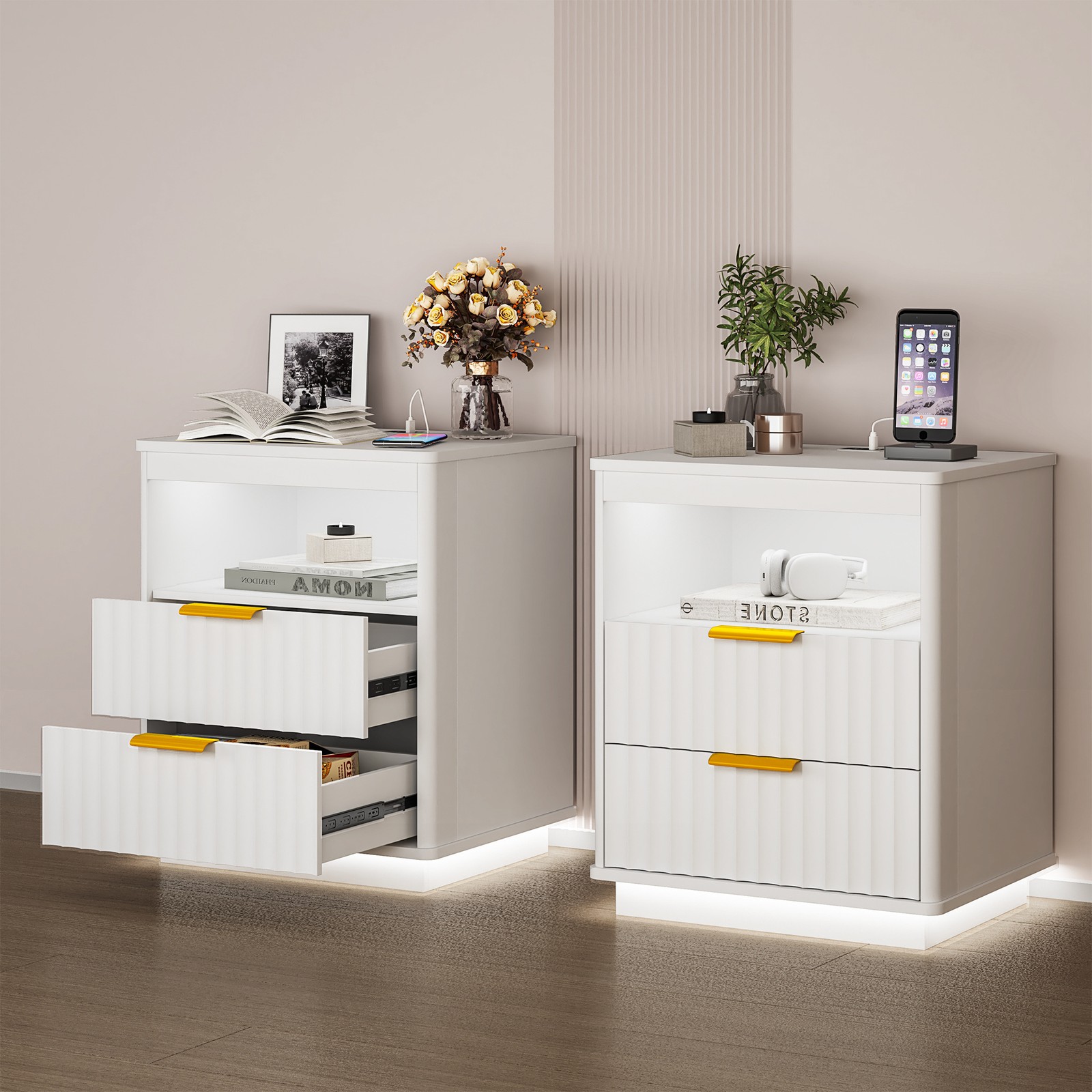 Gurexl Nightstand Set of 2 with Charging Station and 3-Color LED Lights , White