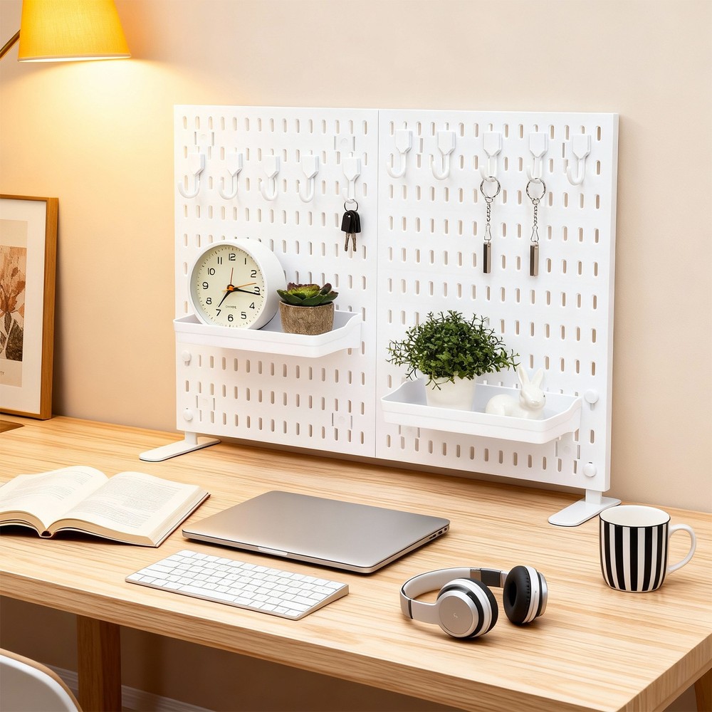 Tabletop Pegboard Display Stand, 10 Hooks 2 Trays, No Drill, Freestanding, White