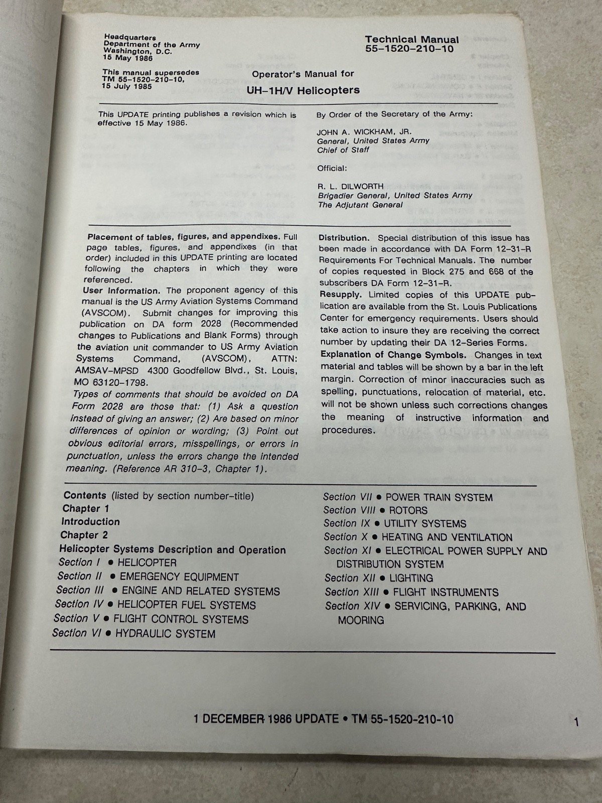 Operator's Manual Model UH-1H/V Helicopter TM 55-1520-210-10 1986