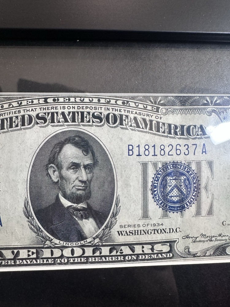 1934 Set $5 BLUE SEAL SILVER CERTIFICATE With Frame !