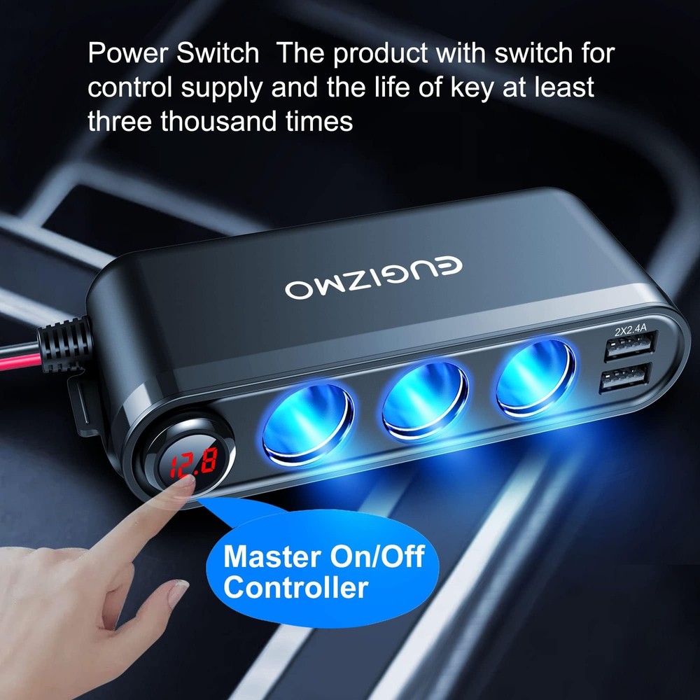 EUGIZMO 12V Cigarette Lighter Socket Splitter, 200W 3 Multi Port Black