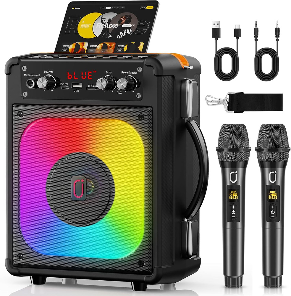 Karaoke Machine, Portable Bluetooth Speaker with 2 Wireless Microphones for Adul