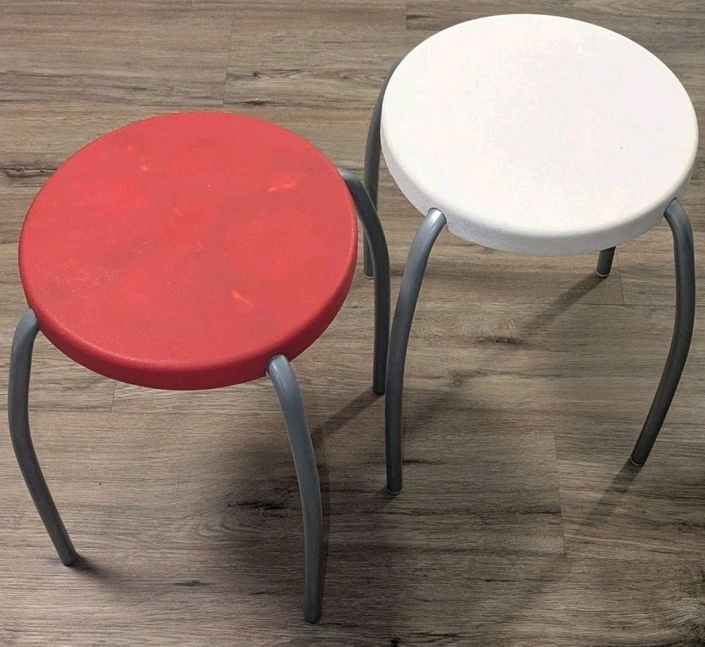 Vintage Pair Ikea Plastic Stools Forby Retro Red / White Stackable Chairs 18557