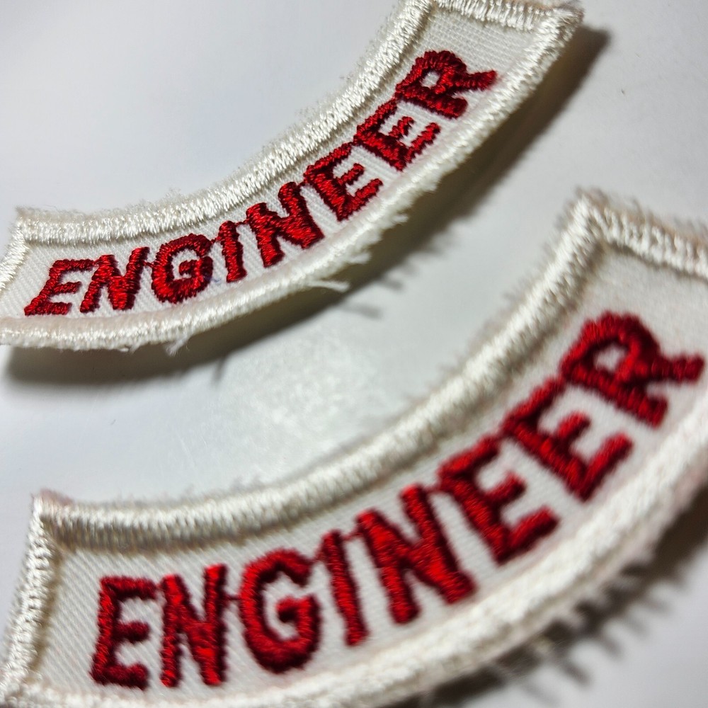 (2) ENGINEER Lower Rocker Patch - Red on White Twill NOS *WHITE BORDER*