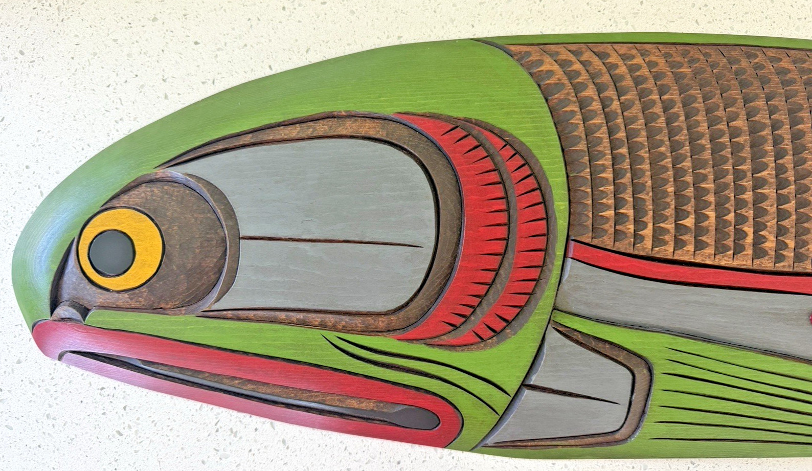 Original Kwakiutl Salmon Spawning Wood Carving by Demsey Willie, Estate Find