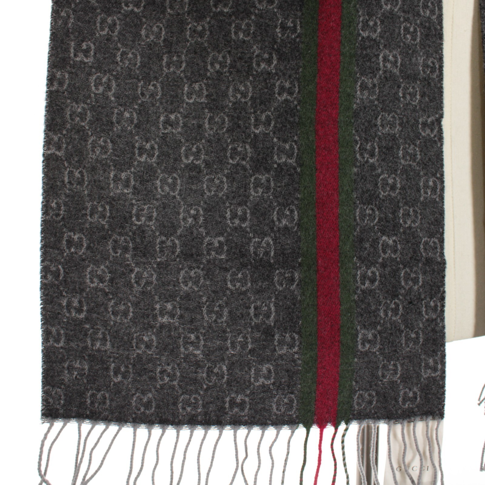 Gucci NWT 100% Cashmere Monogram & Stripe Scarf One Size in Gray / Red / Green