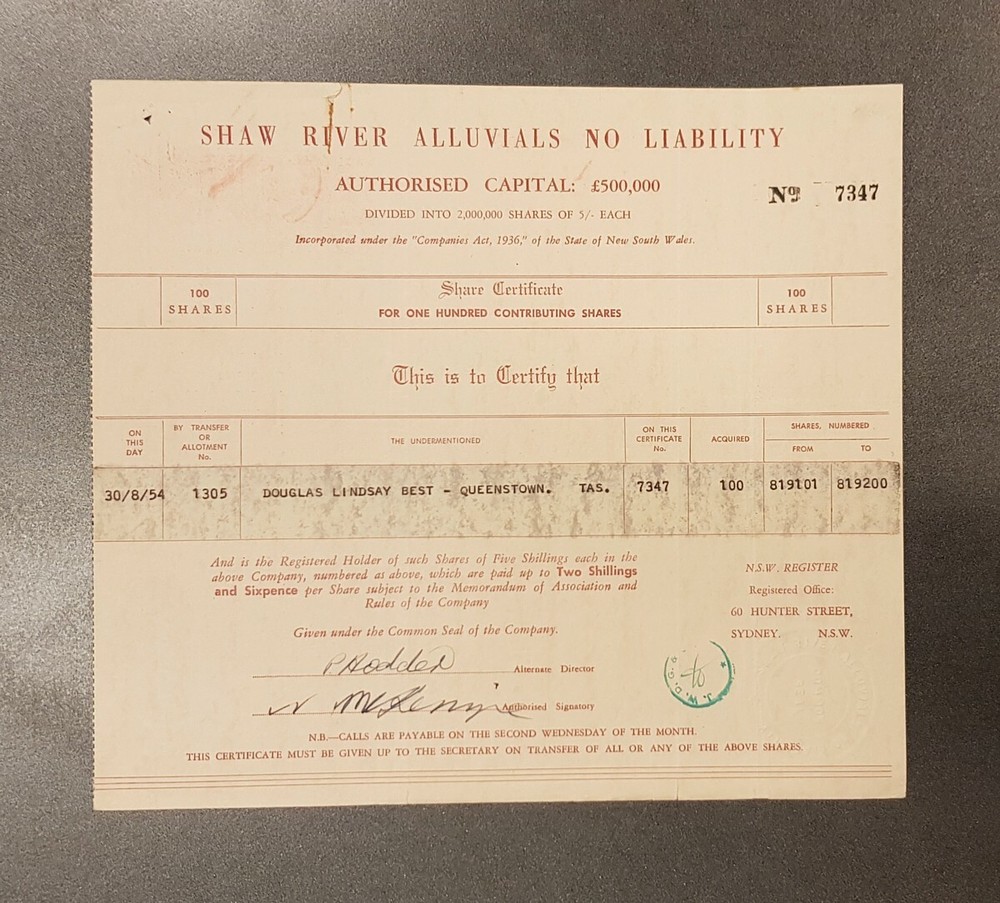 Mining Share Scrip • 1954 • Shaw River Alluvials • Reg'd Office: Sydney