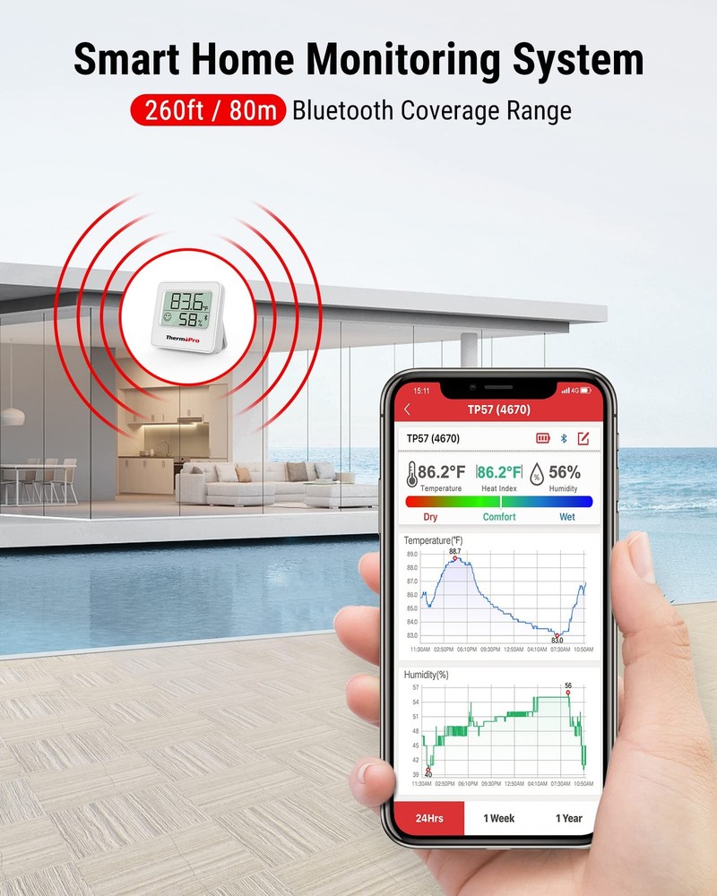 ThermoPro TP357 Digital Hygrometer Bluetooth Thermometer, Classical Silver