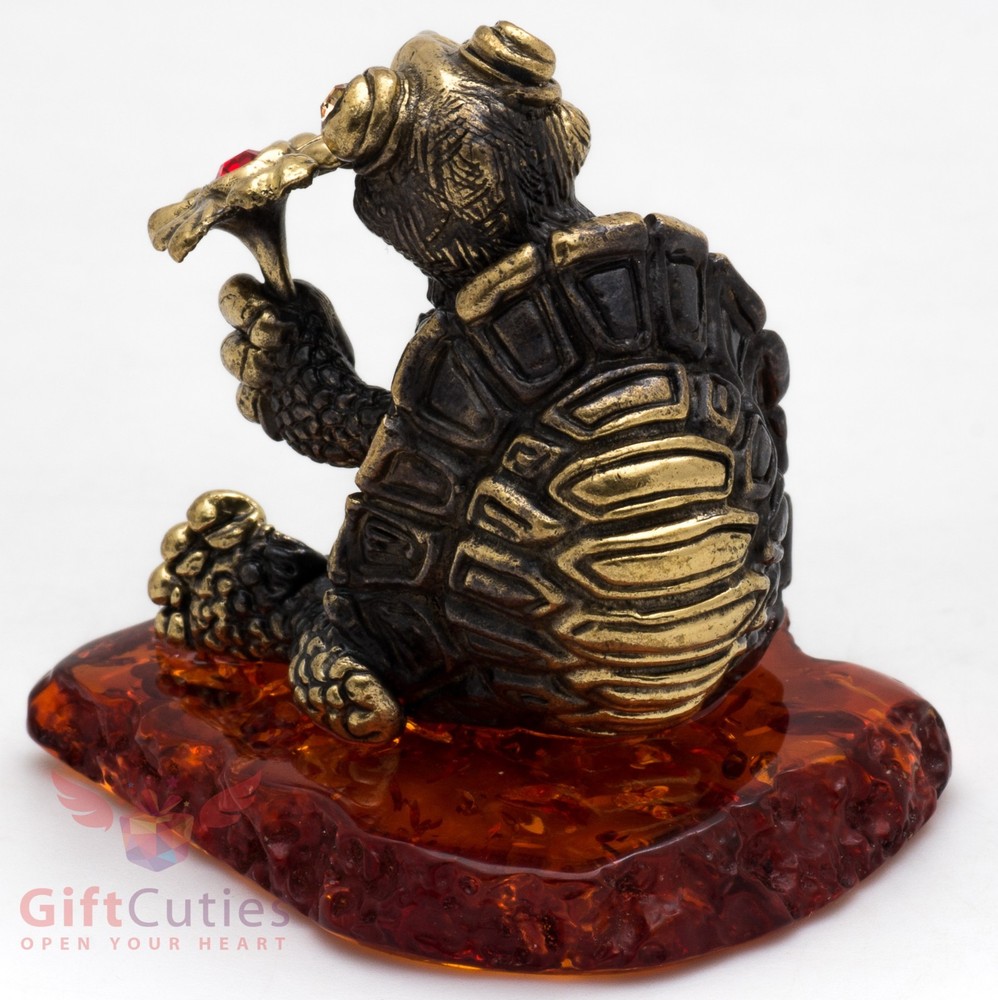 Solid Brass Amber Figurine Tortoise Turtle with a flower talisman IronWork