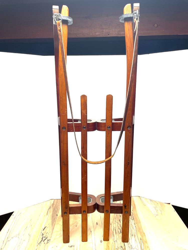 VINTAGE DUTCH WOODEN SLED BY POLYCOMB WITH LEATHER PULL